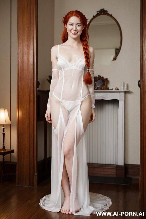 full body shot of a red-haired with braided hair, kawai face, wearing a white sheer nightgown naked body , she has a whiplash in her hands, with an evil smile, she is in a victorian room facing the camera - #main
