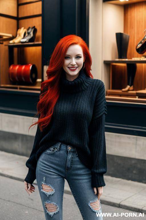 woman, full body, standing, long red hair, smile, wearing loose black sweater, ripped blue jeans, musical instrument store - #main