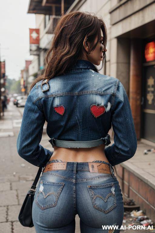 a woman is wearing worn out ripped pants and an old jeans jacket. a rip in her pants below the back pockets is visible. there are more rpis and holes in the jeans. a red heart patch - #main