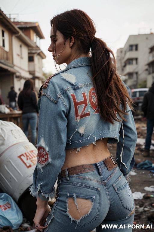 a woman is wearing worn and bleached out ripped pants and an old jeans jacket. there are rips and holes in the jeans. a red heart patch at the butt and some dirty words writ at the jeans. she has long, messy brown hair. there ist lot of trash around. - #main