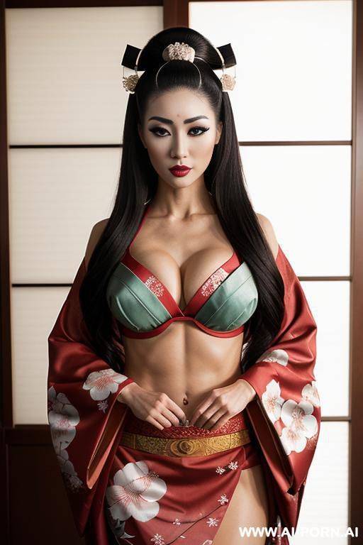 traditional japanese geisha, geisha makeup, beautifull face, muscular female, elf - #main