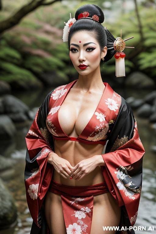 traditional japanese geisha, geisha makeup, beautifull face, muscular female, elf, brazilian, japanese, pirate queen, abs, muscular - #main