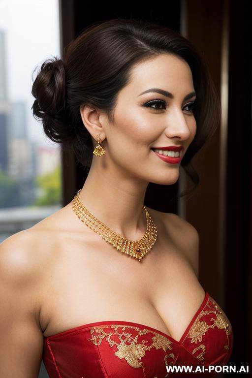 hot milf in red qipao, perfect figure, diamond earrings, gold necklace, eye contact, - #main
