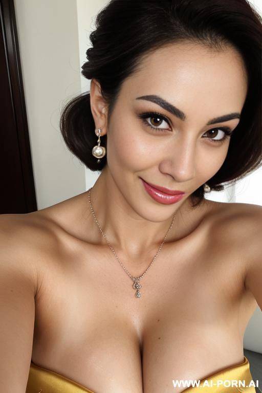 hot milf in yellow qipao, perfect figure, earrings, necklace, eye contact, looking into camera, long slender fingers, pussy view, pink pussy, completely naked, - #main