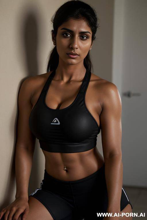 tanned pakistani woman with drowsy or pensive expression. wearing athletic outfit, black sports bra. exposed tits, nip slip. - #main