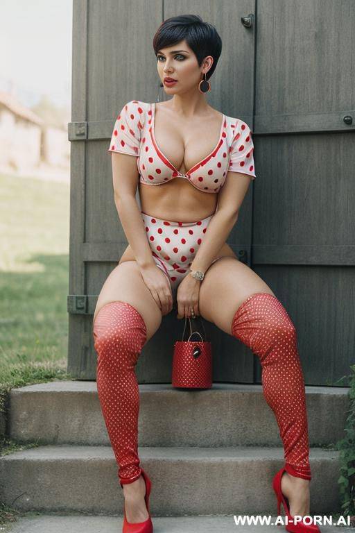 (((full body shot))), hoop earings, (stylish pixie haircut), (most beautiful women ever), (sexy milf), photorealistic image of an alluring sitting seductively on stone stairs, showing pussy, (legs - #main