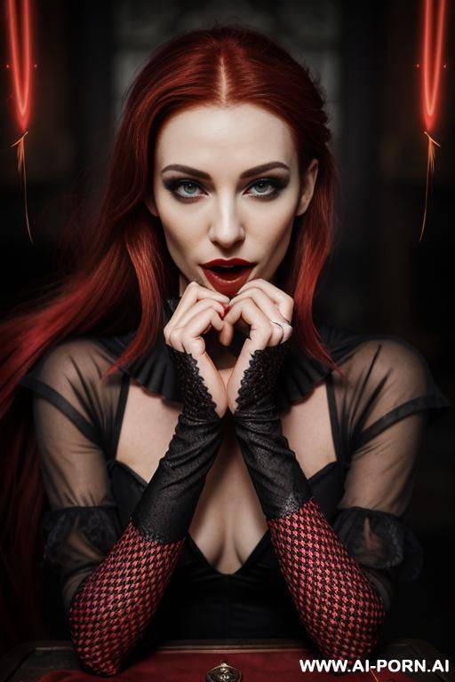 red goth lady vampire, vampire fangs, wide mouth, neon medieval cyberpunk tavern, (hypnotic glow art, uv reactive), shining magic, hazel eyes, sleeveless, ashen natural skin without makeup, high - #main
