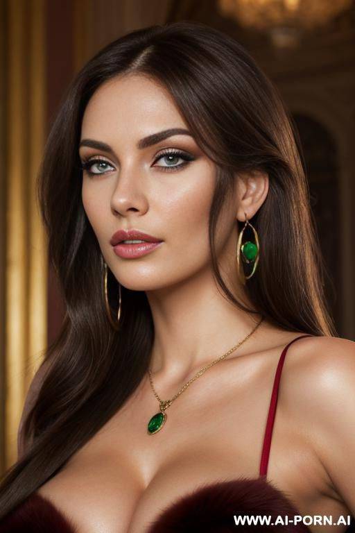 ultra realistic hot busty woman brunette, red fur coat, hoop earrings, pendant, makeup, strong dark eyelines, eye contact, direct eye contact with viewer, photorealistic, high res, best quality, - #main