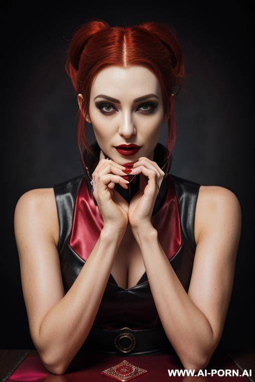 red goth lady vampire, vampire fangs, neon medieval cyberpunk tavern, (hypnotic glow art, uv reactive), shining magic, hazel eyes, sleeveless, ashen natural skin without makeup, high contrast shades, - #main