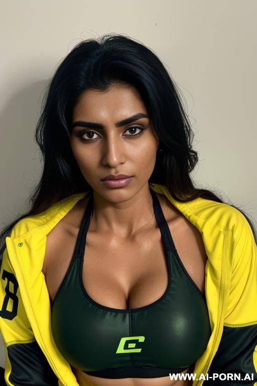 tanned pakistani woman with drowsy or pensive expression. wearing athletic outfit, black sports bra and a green-and-yellow jacket. exposed tits, nip slip. - #main