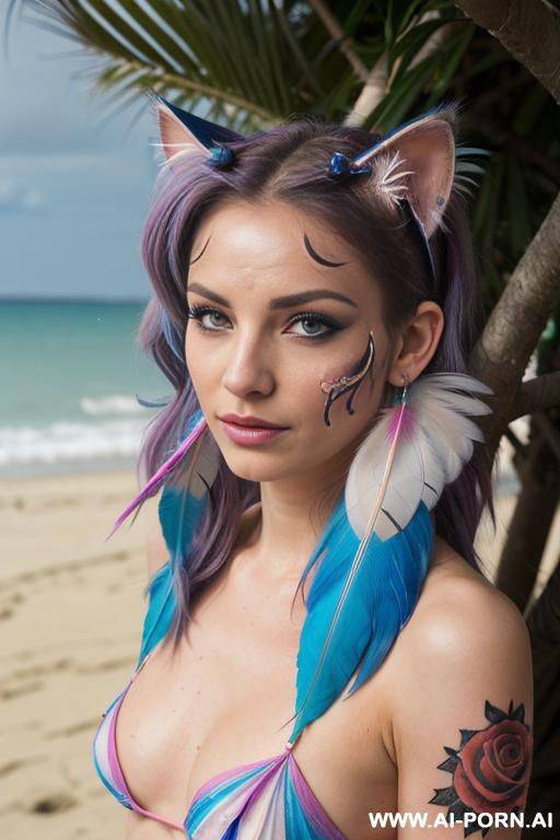 face, sexy, beautiful, ((face painting)), ((bikini as seashell)), ((tattoo roses)), ((eyes shw)), ((angel wings)), ((rainbow hair)), ((long bu hair)), ((wind)), (( cat face)), (( cat ears)), (((feather - #main