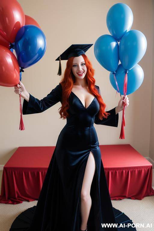 (realistic photo) woman, full body, standing, long red hair, big smile, wearing black graduation gown with blue details, party room with balloons and flowers - #main