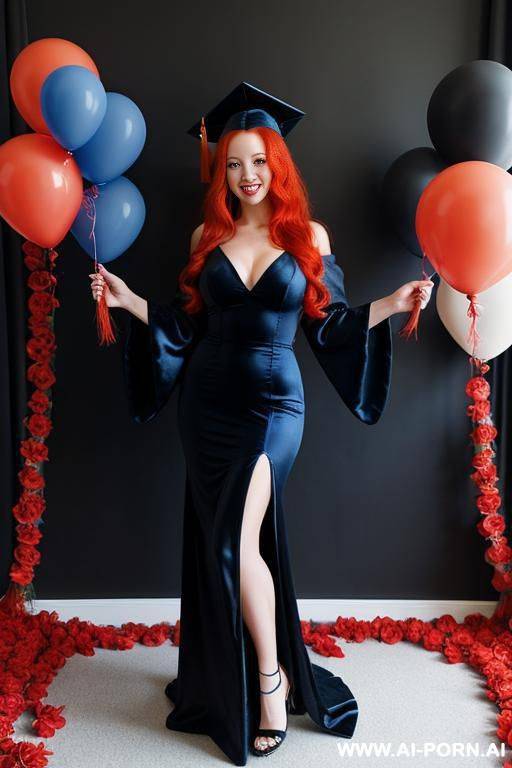 woman, full body, standing, long red hair, big smile, wearing black graduation gown with blue details, party room with balloons and flowers - #main