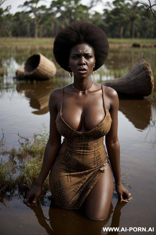 full body depiction of an african woman, face , stand up, natural oval boobs, she has afro hair, with a torn and dirty cotton dress, she looks tired, sad and exhausted. she is in the middle of a swamp from alabama , daylight evening she is in distress - #main