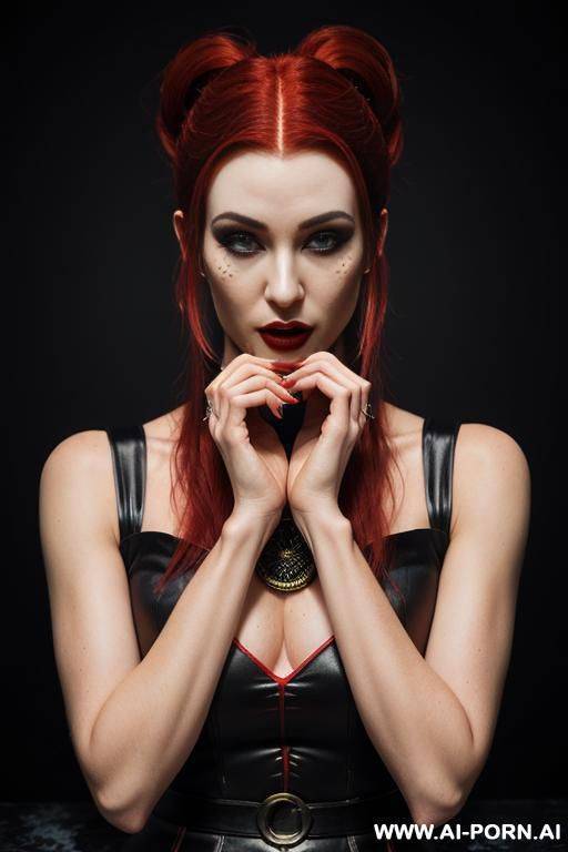 red goth lady vampire, vampire fangs, neon medieval cyberpunk tavern, (hypnotic glow art, uv reactive), shining magic, hazel eyes, sleeveless, ashen natural skin without makeup, high contrast shades, - #main