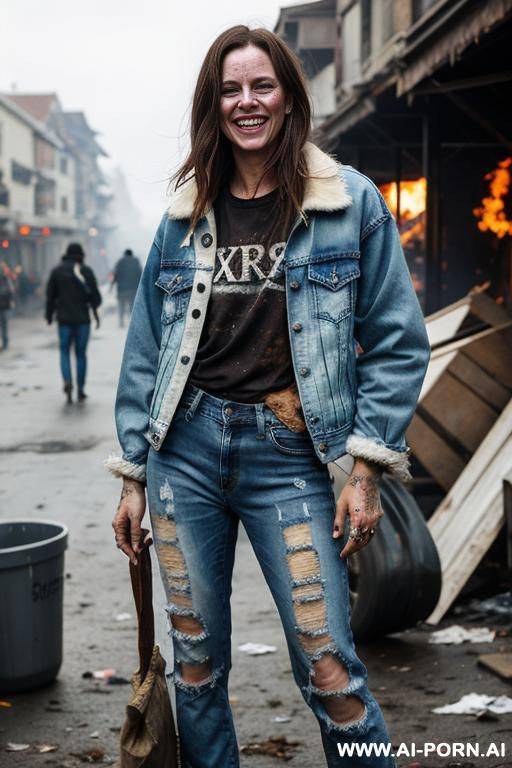 a woman is wearing worn and bleached out, stained and ripped pants and an old jeans jacket.. some dirty words are writ at the jeans. she has long, messy brown hair. there ist lot of trash around. - #main