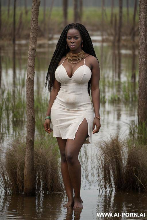 full body depiction of an african woman, face , stand up, natural oval boobs, with a full torn and dirty white cotton dress, she looks tired, sad and exhausted. she is in the middle of - #main
