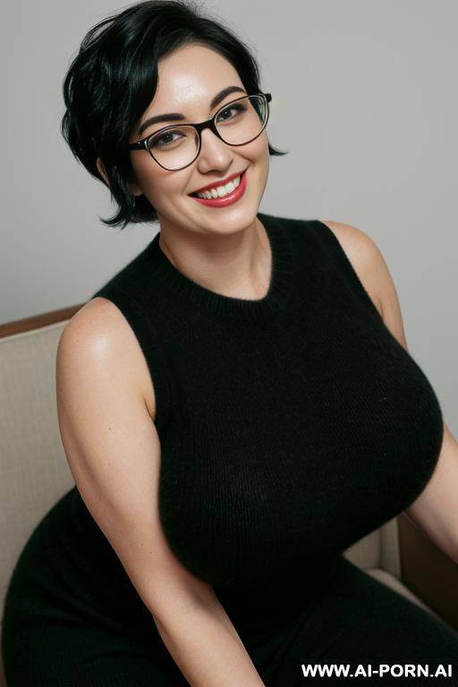 green sleeveless cashmere sweater, black slacks, voluptuous figure, gigantic breasts, glasses, short black hair - #main