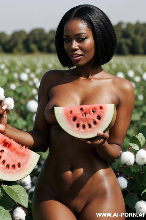 nude black woman in cotton fields eating watermelon - #main