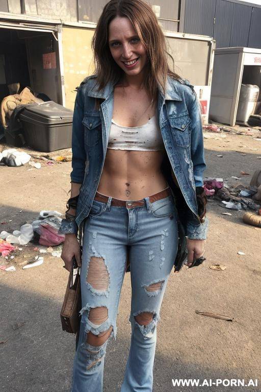 a woman is wearing worn and bleached out, ripped pants and an old jeans jacket. she has long, messy brown hair. there ist lot of trash around. - #main