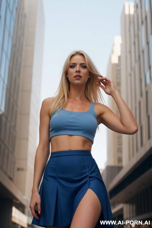 1 blonde with blue eyes. wearing sexy skirt. revealing croptop. full shot from below. face visible. no underwear. - #main