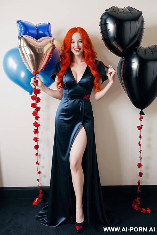 woman, full body, standing, long red hair, big smile, wearing black graduation gown with blue details, party room with balloons and flowers - #main