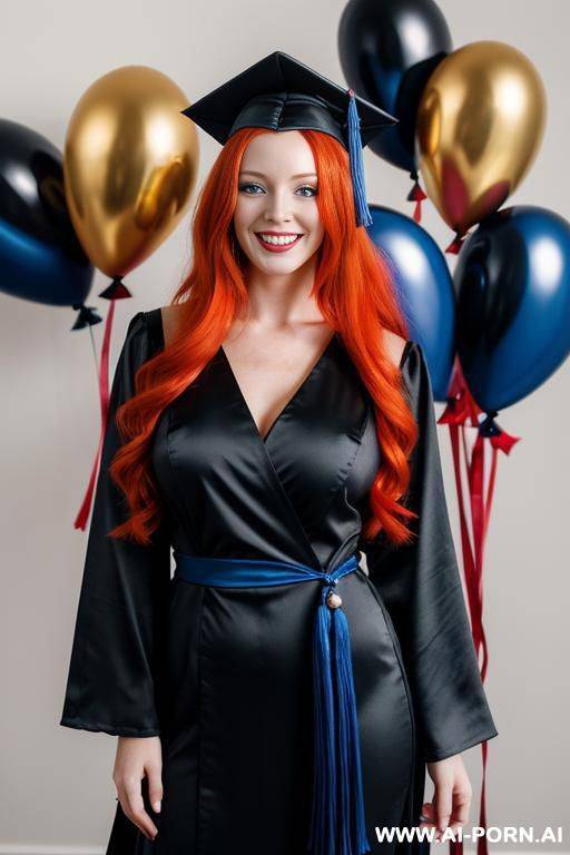 (realistic photo) woman, full body, standing, long red hair, big smile, wearing black graduation gown with blue details, party room with balloons and flowers - #main