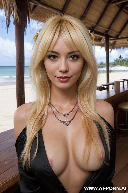 ((topless)), ((natural plump breasts), (pretty face), (wide hips), (soft seductive smile), (dirty blonde hair), (necklace), (stylish tribal tattoos), (topless), (classy tiki bar on a breezy tropical beach at night), (scenic patio) - #main