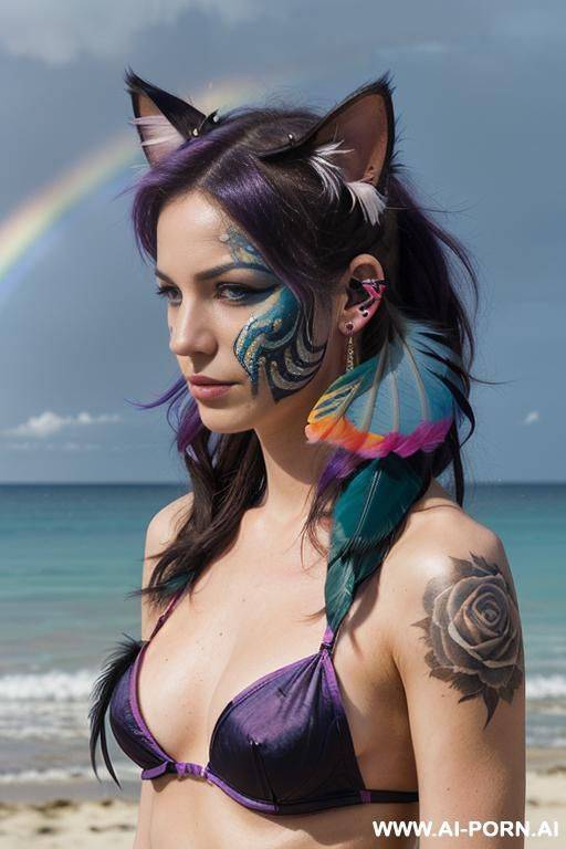 face, sexy, beautiful, ((face painting)), ((bikini as seashell)), ((tattoo roses)), ((eyes shw)), ((angel wings)), ((rainbow hair)), ((long bu hair)), ((wind)), (( cat face)), (( cat ears)), (((feather - #main