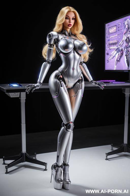 sexbot, front view, full body view, standing upright, hands on spaceship control desk, looking at viewer, beautiful seductive human face with tanned silicone skin, long straight blonde hair, big - #main