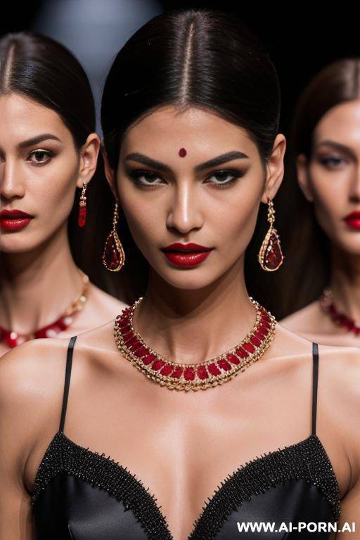 group of several models (different origin), (different age), (different face expression), (different w), in fashion show, ruby necklace, ruby earrings, long shot - #main