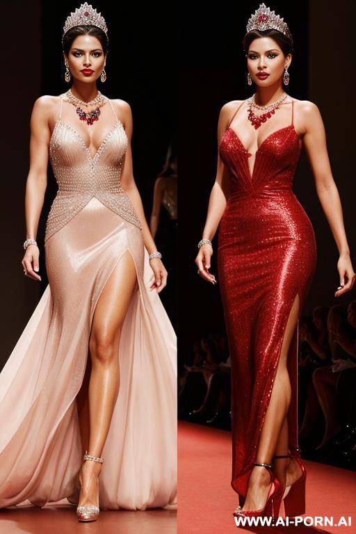 group of several models (different origin), (different age), (different face expression), (different w), in fashion show, ruby necklace, ruby earrings, one diamond tiara, high heel, long shot (full body) - #main
