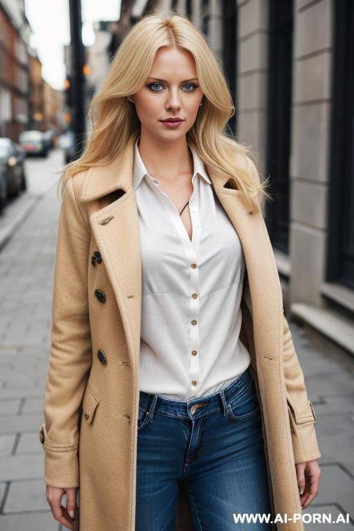 ((cloth blouse)), jeans, ((big natural boobs)), partially blonde hair, blue eyes, fully clothed, coat - #main