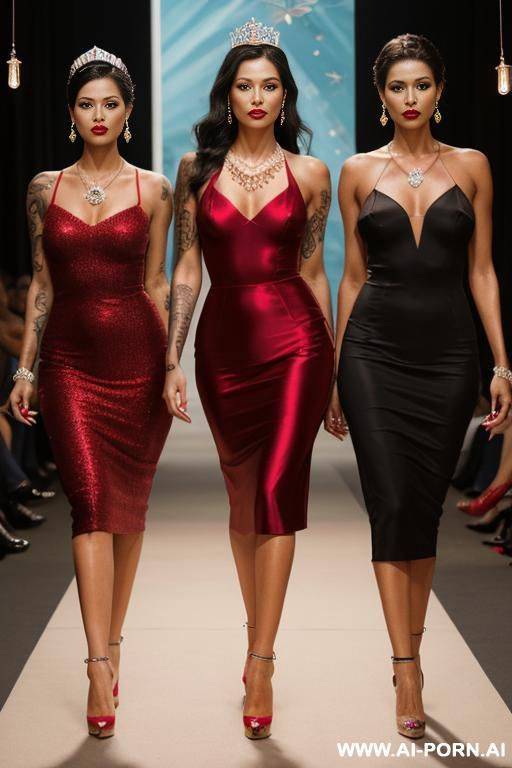 group of three models (different origin), (different age), (different face expression), (tatoo firefly), walking in fashion show, ruby necklace, ruby earrings, one diamond tiara, high heel, long shot (full body), one picture - #main
