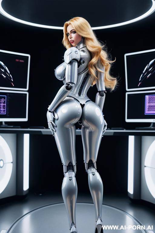 sexbot, back view, full body view, standing upright inside spaceship, sticking out the ass, hands on control desk, looking at viewer, beautiful seductive human face with tanned silicone skin, long - #main