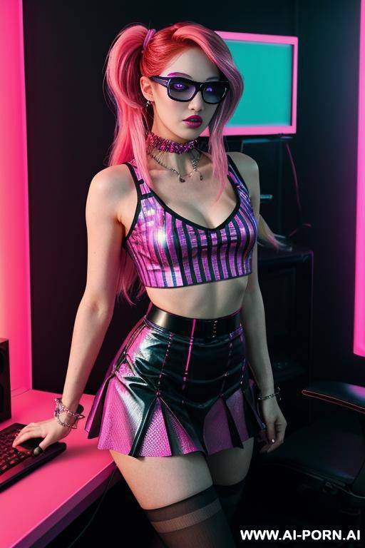 bubblegum lady vampire, neon medieval cyberpunk tavern, (hypnotic glow art, uv reactive), shining magic, hazel eyes, ashen natural skin without makeup, high contrast shades, hard light, sleeveless - #main