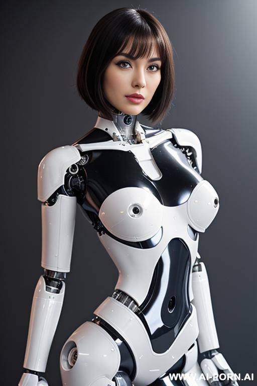 beautiful realistic (( taur- schemale fully robotic meccanic body standing four legs)), detaleid face, total skin in latex white plated color, covered to latex, to boots, to beautiful robotic hand hd image quality, ((no background)). - #main