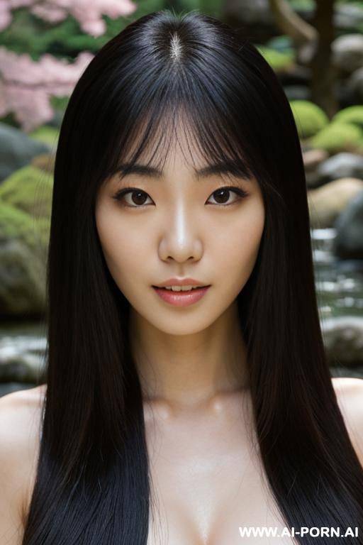 hot japanese woman, soft face, soft body, totally naked, in a japanese garden, long voluminous hair - #main