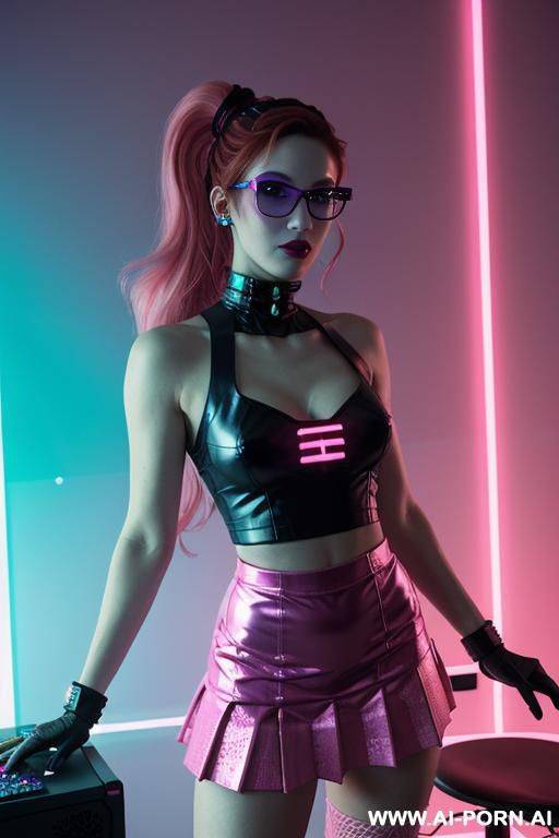 [bubblegum] lady vampire, neon, cyberpunk, (glow art, uv reactive), shining magic, ashen natural skin without makeup, high contrast shades, hard light, sleeveless patterned meshed top, detailed textures, - #main