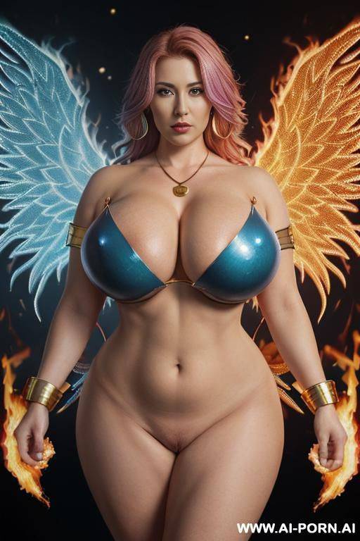 ((copwoman naked with multi-colored wings)), goddess of fire, huge multicolored bright stars around her (((massive boobs))), (((saggy saggy saggy gigantic boobs))), huge, enormously gigantic tits, - #main