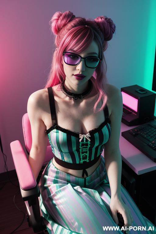 [peppermint] lady vampire, neon, cyberpunk, (glow art, uv reactive, black light), ashen natural skin without makeup, high contrast shades, hard light, sleeveless patterned meshed top, detailed textures, - #main