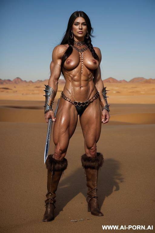 barbarian queen, armor, pierced navel, rings, long nipples, tanned skin, large nipples, wet, oiled, piercings, nose stud, bare feet bracer, veiny boobs, large areolas, (((oversized boobs))), sweat, - #main
