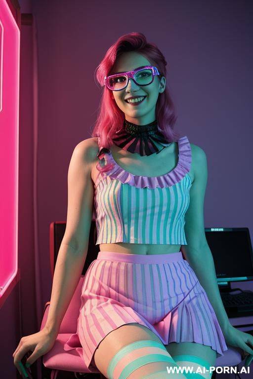 [peppermint] lady vampire, neon, ies cyberpunk, (glow art, uv reactive), shining magic, ashen natural skin without makeup, high contrast shades, hard light, sleeveless patterned meshed top, detailed - #main
