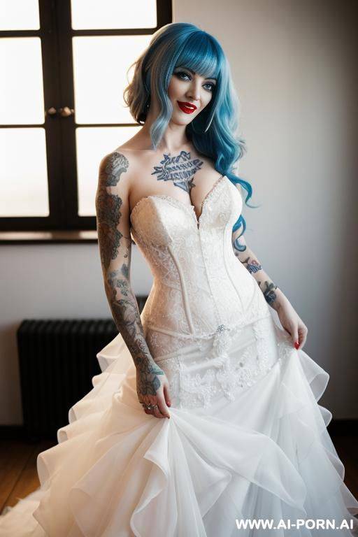 wedding dress, blue hair, tattoos, happy, joyful, red high heels - #main