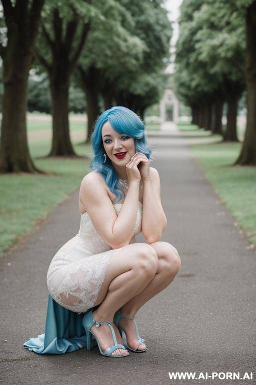 wedding dress, blue hair, open toe high heels, squatting, park - #main