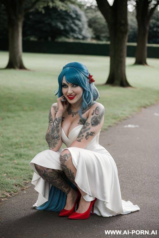wedding dress, blue hair, tattoos, smilling, red high heels, squatting, park - #main