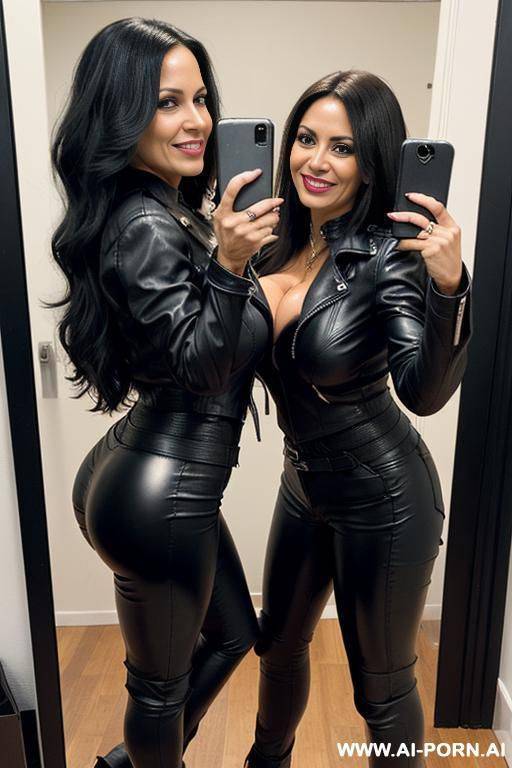 ((((latina milfs)))) with gigantic tits and ((long hair)) (((makeup))) , ((tight black leather jacket)) (((tight black leather pants))) ((((selfie)))) (((((two women))))) - #main