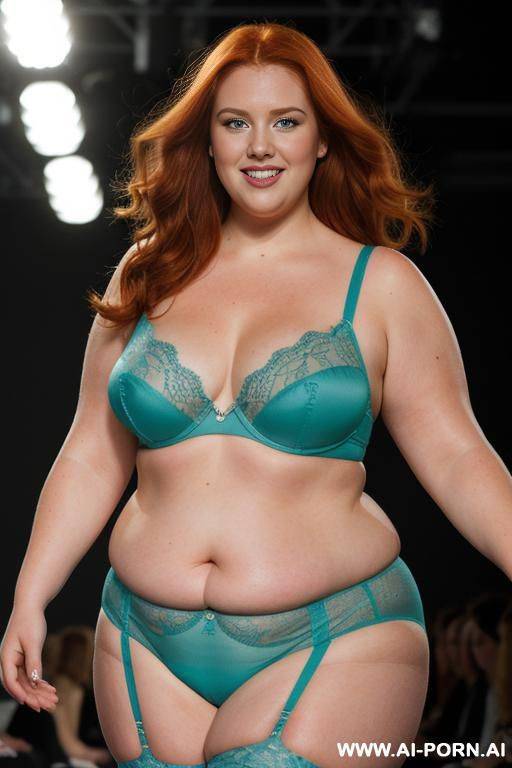 half-length photo, a fat ((very obese)) chubby fat thick and bbw redhead british walking on a runway during a fashion chubby show, the lighting is dramatic, with spotlights focused on she. - #main
