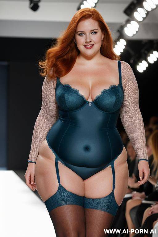half-length photo, a confident a fat ((curvy very obese)) chubby fat thick and bbw redhead british walking on a runway during a fashion show, the lighting is dramatic, with spotlights focused - #main
