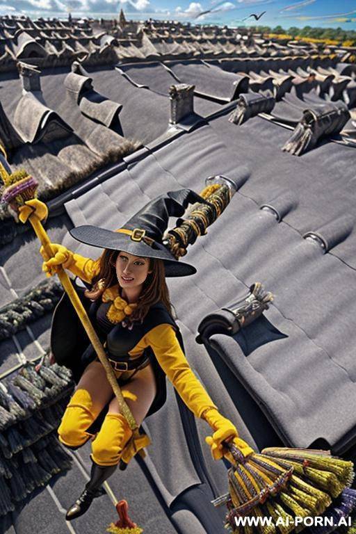 realistic photo, best quality, highly detailed, summer, clouds in the background, (((((woman rides on a witch broom))))), (((((the broomstick long clamped in the crotch))))), the wet cunt pressed - #main